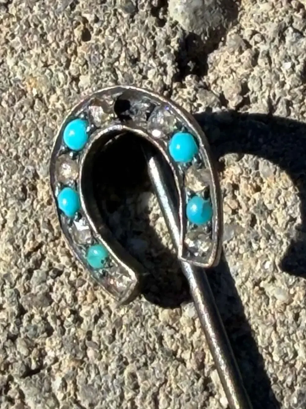 Antique Victorian Untested Turquoise and Diamond Horseshoe Stick Pin